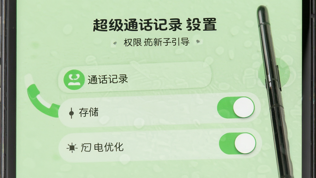 超级通话记录新手设置界面,手机屏幕显示权限开启引导页面,包含通话记录、存储、电池优化三个开关按钮,背景为浅绿色,风格友好,细节清晰,画质干净,无多余元素