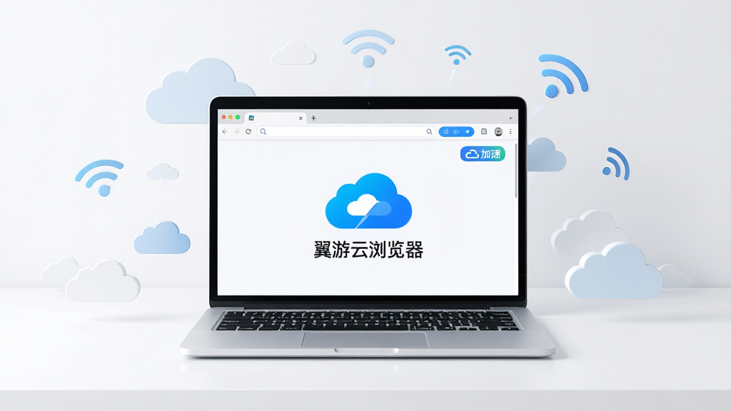 一个干净明亮的电脑桌面场景,中央放置一台打开的笔记本电脑,屏幕上显示“翼游云浏览器”的蓝色云朵图标与简洁的浏览器界面,周围漂浮着云朵和网络信号符号,布局居中对称,风格为现代科技简约风,细节包含浏览器窗口、搜索栏、云加速标识,画质高清,干净,无多余元素