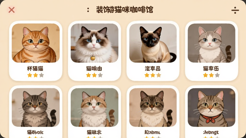 合并猫咪咖啡馆:装饰游猫咪图鉴界面,展示多只不同品种的猫咪卡片,包括橘猫、布偶猫、暹罗猫等,每只猫咪有名字和星级,界面采用温暖的米色背景,卡片圆角设计,整体风格清新可爱,画质清晰干净,无多余元素
