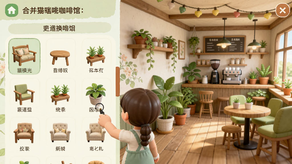 合并猫咪咖啡馆:装饰游装饰模式界面,展示玩家正在为咖啡馆更换壁纸和摆放绿植,屏幕左侧是家具选择栏,右侧是实时预览的咖啡馆内景,风格为清新田园风,色调明亮,细节丰富,画质清晰,无多余元素