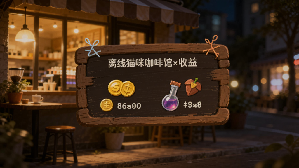 合并猫咪咖啡馆:装饰游离线收益弹窗界面,展示一个木质告示牌上写着离线期间获得的金币和道具数量,背景是夜晚的咖啡馆外景,窗户透出温暖灯光,画面温馨治愈,画质清晰,无多余元素