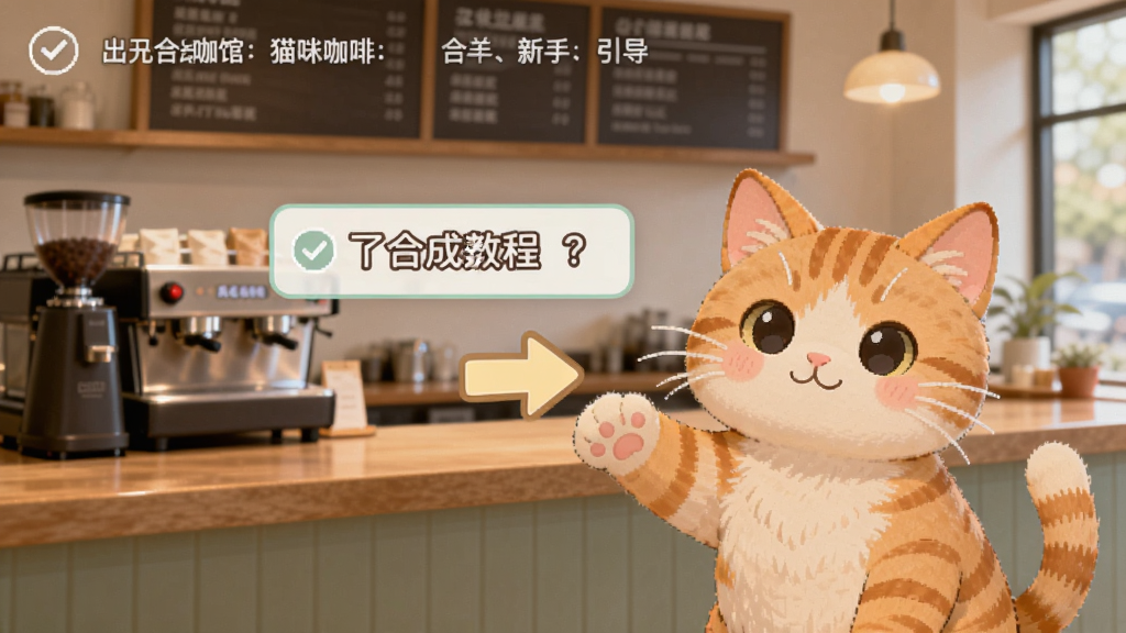 合并猫咪咖啡馆:装饰游新手引导界面截图,画面中一只可爱的橘猫正用爪子指向屏幕上的合成教程箭头,背景是咖啡馆前台,界面简洁明了,带有文字提示框,整体风格清新可爱,画质清晰,无多余元素