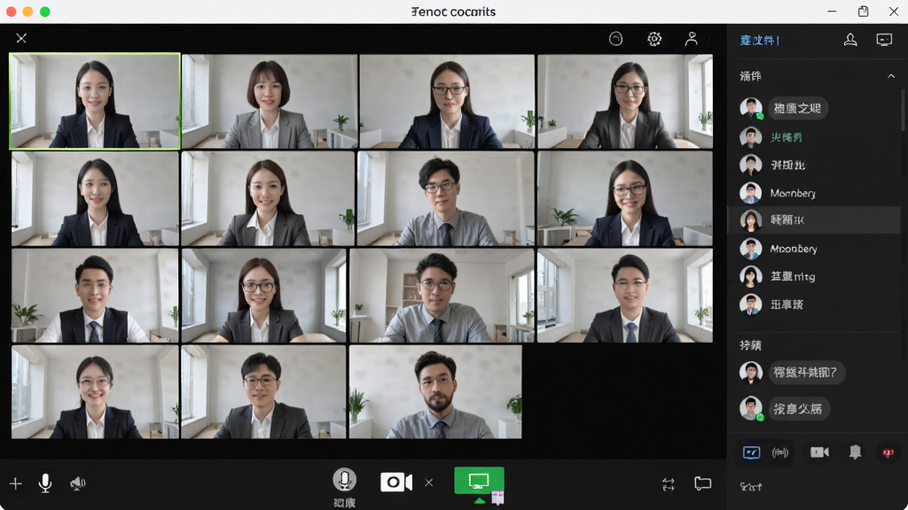 一张展示腾讯会议软件界面的全景图,画面中央是大型视频会议宫格视图,多个参会者头像整齐排列,右侧是聊天与成员列表面板,底部是麦克风、摄像头、共享屏幕等控制按钮,整体布局清晰,风格简约商务科技感,细节丰富,画质高清,干净,无多余元素