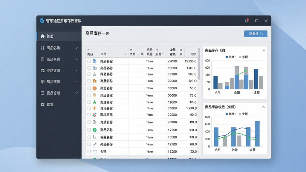 一张展示管家通进销存标准版软件主界面的预览图,画面中央为软件操作窗口,左侧为功能导航菜单,右侧为商品库存数据表格与统计图表,整体布局清晰整洁,采用简约商务风格,细节包含商品名称、数量、金额等数据字段,画质干净高清,无多余元素