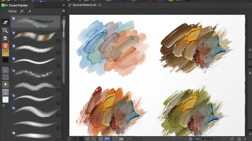 Corel Painter 笔刷面板特写,画面中展示多种笔刷图标排列在侧边栏,主画布上有水彩和油画笔触示例,布局为左侧工具栏右侧画布,风格写实细腻,细节包括笔刷纹理和颜料混合效果,画质高清干净,无多余元素