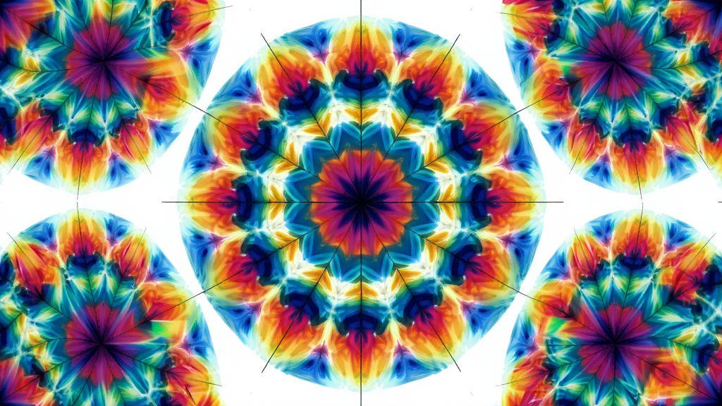 Corel Painter 对称绘画功能演示,画布中央显示万花筒对称图案,四周有多个镜像副本,布局为居中对称构图,风格绚丽多彩,细节包括对称轴线和重复笔触,画质清晰干净,无多余元素