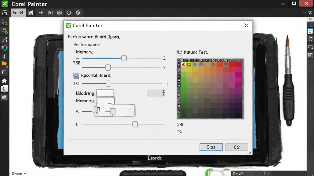 Corel Painter 新手设置界面截图,展示首选项面板中的性能与数位板选项,布局为对话框居中,风格简洁清晰,细节包括内存滑块和压感测试区域,画质干净无多余元素