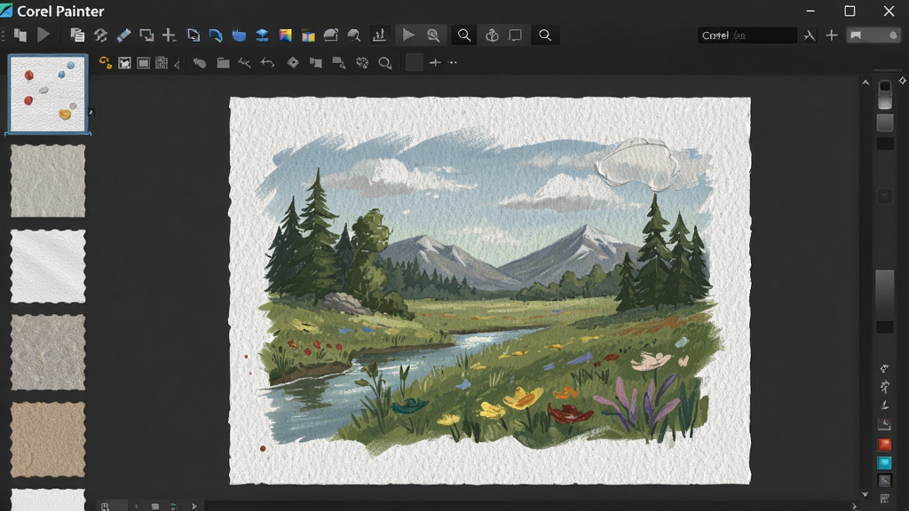 Corel Painter 画布纹理选择界面,展示多种纸张材质缩略图,主画布上有一幅半成品风景画,布局为上方菜单栏下方画布,风格清新自然,细节包括纸纹颗粒和颜料沉积效果,画质清晰干净,无多余元素