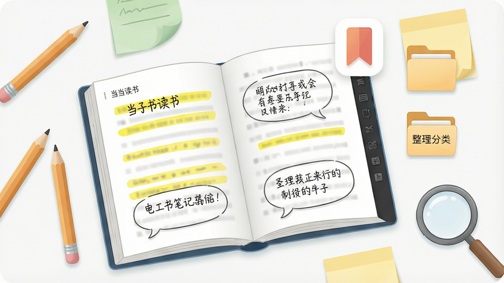 一幅展示电子书笔记功能的界面插画,画面主体是一本打开的电子书,书页上有高亮的黄色标记线和手写风格的笔记气泡,旁边悬浮着书签图标和整理分类的文件夹,整体布局清晰有序,风格为柔和清新的学习场景插画,细节包括铅笔、便签纸、放大镜等元素,画质精细,干净无多余装饰,画面中带有“当当读书”字样