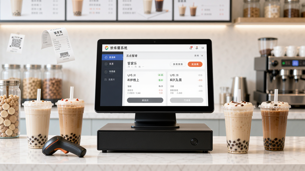 软件全貌展示图,画面中央是一台收银电脑屏幕显示管家乐奶茶管理系统的点单界面,屏幕旁摆放着几杯不同口味的奶茶饮品,背景是明亮的奶茶店吧台环境,整体风格干净整洁、现代商业感强,细节包括收银小票、扫码枪、原料罐等元素,高清画质,构图均衡,无多余杂乱元素