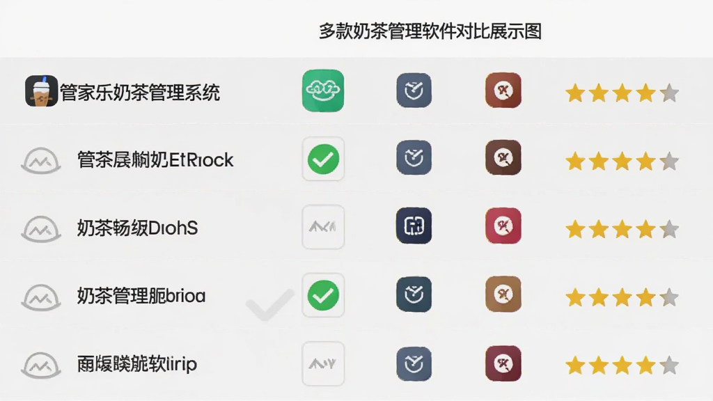 多款奶茶管理软件对比展示图,画面为一张简洁的对比表格截图风格,左侧列出管家乐奶茶管理系统等软件名称,右侧显示功能图标和星级评分,背景为浅灰色,整体排版整齐,风格商务简约,细节包括对勾图标、星星符号、软件logo占位框,画质清晰,无多余装饰