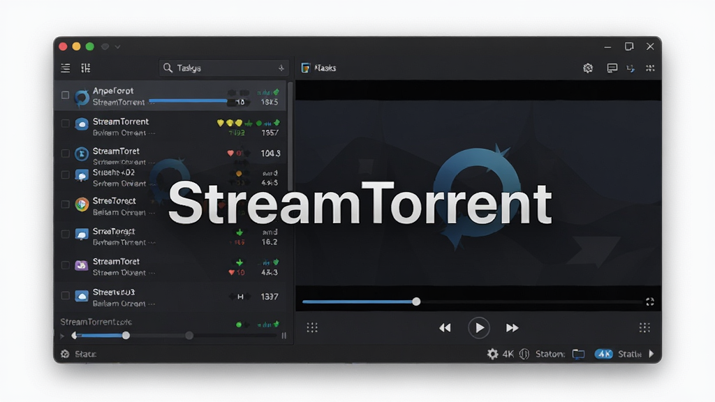 一张展示 StreamTorrent 软件界面的全景图,主体为软件主窗口,布局为左侧任务列表、右侧播放预览区与底部状态栏,排版清晰有序,风格为现代科技感深色主题,细节包括进度条、种子健康度图标、播放控制按钮,画质为4K高清,干净无多余元素,画面中央显示文字“StreamTorrent”