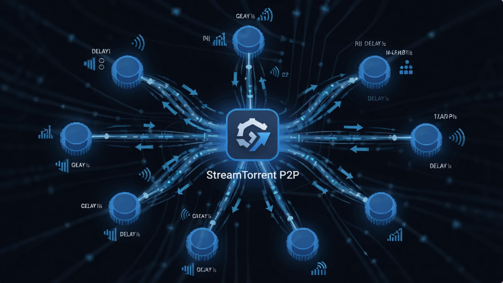 一张展示 StreamTorrent 网络连接拓扑的抽象图,主体为多个节点环绕中心软件图标,布局为中心辐射状,排版呈现动态连接线条,风格为蓝色调科技感,细节包括节点延迟标识、数据包流动方向、信号强度,画质为高清,干净无多余元素,画面中显示文字“StreamTorrent P2P”