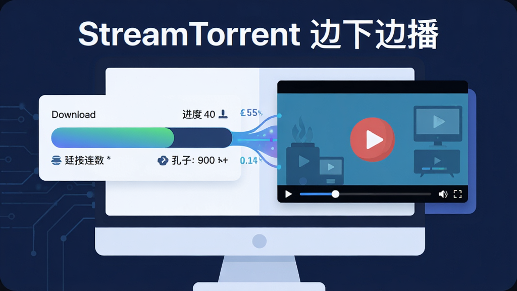 一幅表现 StreamTorrent 边下边播功能的示意图,主体为电脑屏幕,布局为左侧下载进度条与右侧视频播放窗口并列,排版上进度条与播放画面之间有动态数据流连接,风格为扁平化科技插画,细节包括缓冲进度、播放指针、种子连接数,画质为高清,干净无多余元素,画面中标注文字“StreamTorrent 边下边播”