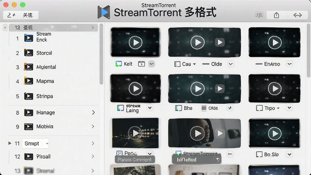 一张展示 StreamTorrent 播放列表与格式兼容的界面图,主体为软件媒体库窗口,布局为左侧列表、右侧预览缩略图,排版整齐,风格为现代简约,细节包括多种视频格式图标、字幕选项、播放顺序编号,画质为高清,干净无多余元素,画面中显示文字“StreamTorrent 多格式”