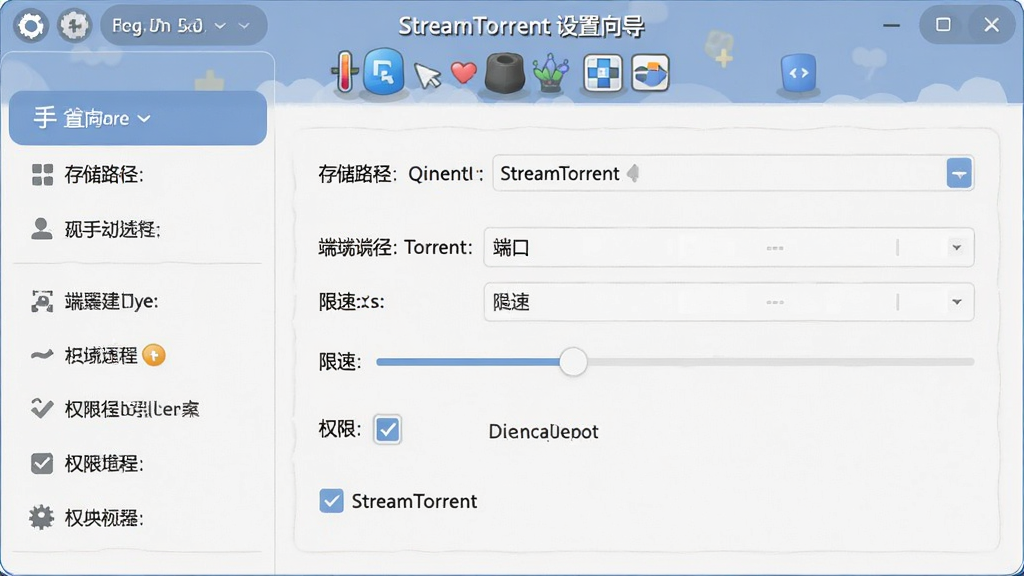 一张 StreamTorrent 新手设置向导的界面截图,主体为软件设置窗口,布局为左侧分类菜单、右侧详细选项,排版清晰,风格为友好引导式,细节包括存储路径选择、端口设置、限速滑块、权限勾选项,画质为高清,干净无多余元素,画面中显示文字“StreamTorrent 设置向导”