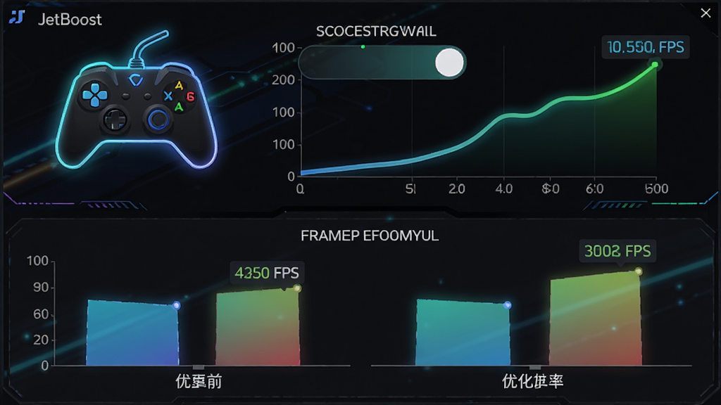 一张展示JetBoost游戏模式优化功能的图片,主体为软件界面中游戏手柄图标与性能提升曲线,布局为上下结构上方为游戏模式开关下方为优化前后的帧率对比柱状图,排版直观明了,风格为电竞科技风,细节包括霓虹光效、FPS数值标签,画质高清,干净,无多余元素