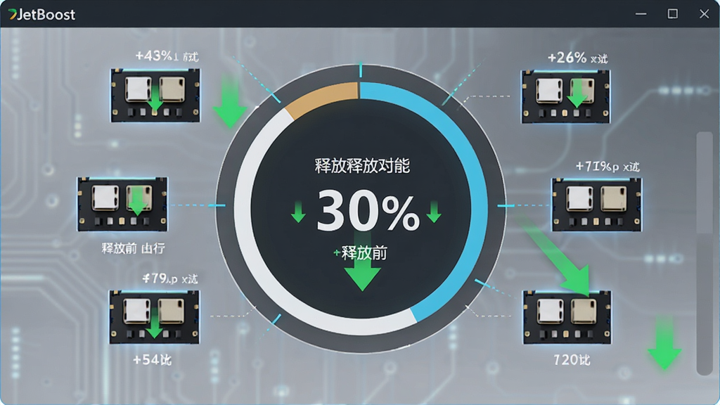 一张展示JetBoost智能内存释放功能的图片,主体为软件界面中内存占用从高到低的动态变化过程,布局为中央大圆环显示释放百分比周围环绕内存条图标,排版突出数据对比,风格为清爽科技风,细节包括绿色下降箭头、释放前后的数值标签,画质高清,干净,无多余元素