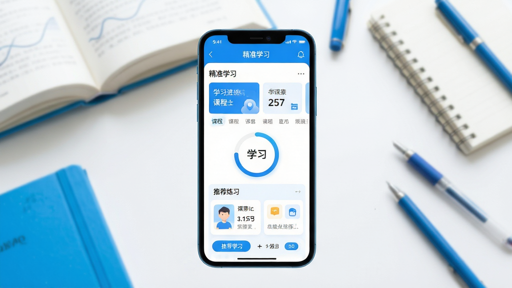 精准学习软件主界面全貌展示,画面中央放置一部智能手机,手机屏幕上清晰呈现精准学习APP的首页界面,包含课程卡片、学习进度环、推荐练习模块,背景为柔和的书本与文具元素,整体采用明亮清新的蓝白配色,风格简洁现代,细节处体现教育科技感,画质清晰干净,无多余杂乱元素