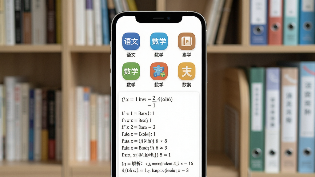 精准学习海量题库界面展示,手机屏幕中呈现分门别类的题库列表,包含语文、数学、英语等学科图标,下方展示一道数学题及其详细解析步骤,背景为整齐的书架与学习资料,风格清爽有序,画质清晰,无杂乱元素