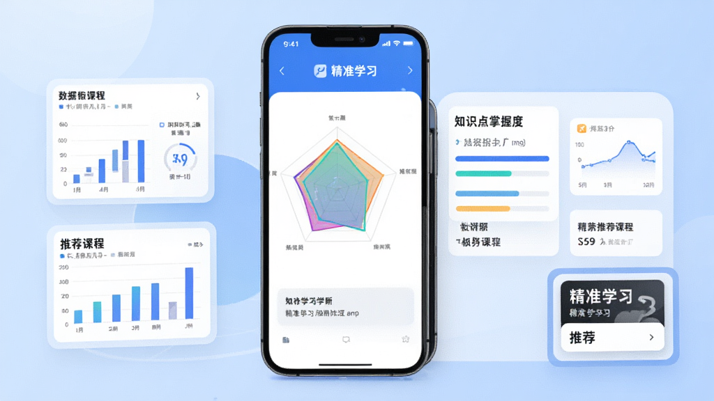 精准学习APP智能诊断功能界面,画面展示手机屏幕上一份彩色雷达图与知识点掌握度分析报告,周围环绕着数据图表与推荐课程卡片,背景为淡蓝色渐变,风格科技感十足,细节处可见精准学习字样,画质高清,干净整洁