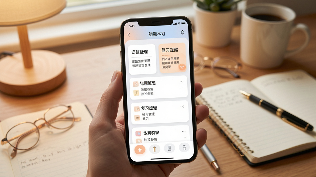 精准学习错题本功能界面,手机屏幕显示错题整理列表与复习提醒卡片,界面采用卡片式布局,配色柔和,背景为书桌与笔记本文具,风格温馨学习氛围,细节清晰,画质干净