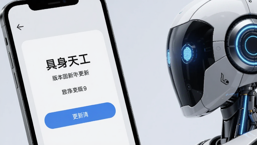 手机屏幕显示“具身天工”固件更新页面,带有版本号和更新按钮,背景为简洁的浅灰色,画面右侧有一台机器人头部特写,风格科技感,画质干净,无多余元素