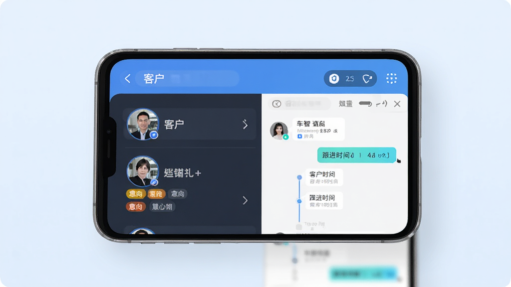 车智赢+ 客户管理功能展示 主体为手机屏幕显示客户档案与聊天记录 布局为分栏式 排版规整 风格为清爽简约 细节包括客户头像 意向标签 跟进时间线 背景为淡蓝色 画质高清 干净 无多余元素
