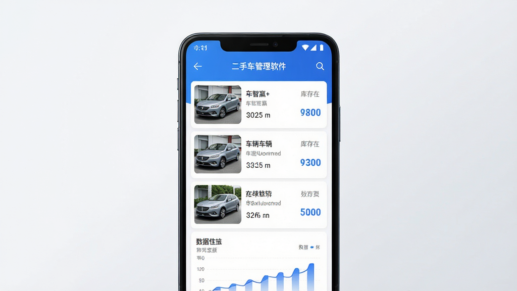 车智赢+ 二手车管理软件 手机应用界面展示 主体为一部安卓手机 屏幕显示车辆列表与数据图表 布局居中 排版简洁 风格为现代商务科技风 细节包括蓝色主题色 车辆缩略图 库存数字 背景为干净的浅灰色渐变 画质高清 干净 无多余元素