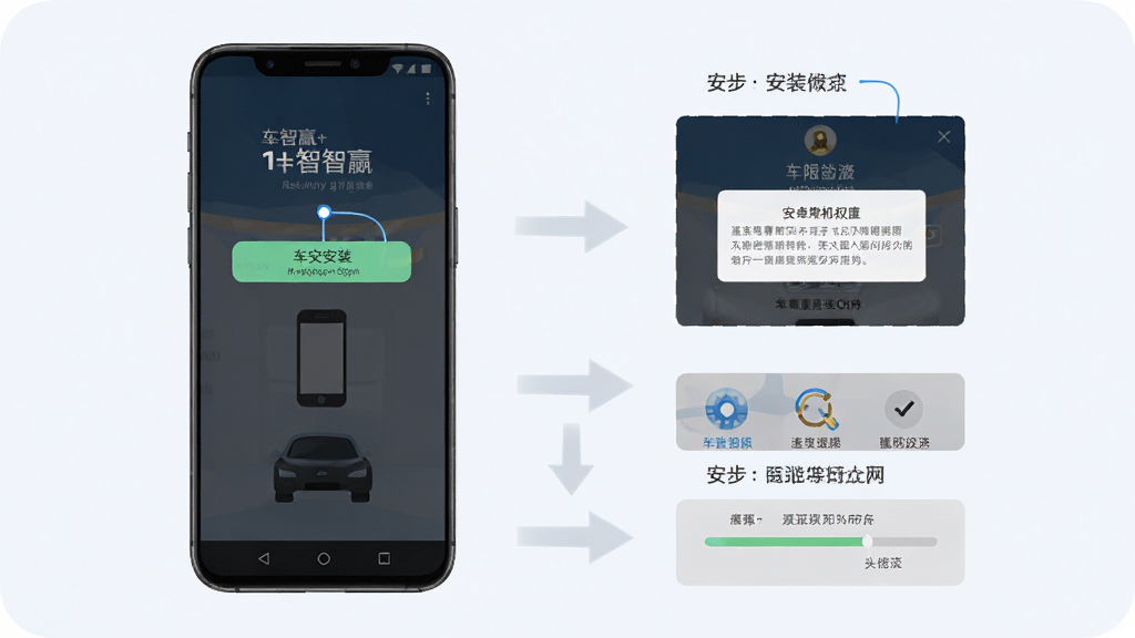 车智赢+ 安卓手机安装步骤示意图 主体为手机屏幕显示安装界面 布局为分步展示 排版从上到下 风格为教程图解 细节包括安装按钮 权限弹窗 进度条 背景为浅色 画质高清 干净 无多余元素