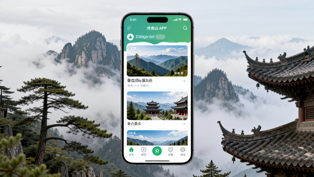 主体为一部智能手机,屏幕显示终南山APP的首页界面,布局为手机居中放置,背景是终南山云雾缭绕的山峰与古建筑,排版为竖版海报风格,风格为清新写实文旅风,细节包括山间松树、道观屋檐、界面上的景点卡片与导航图标,画质高清,干净,无多余元素