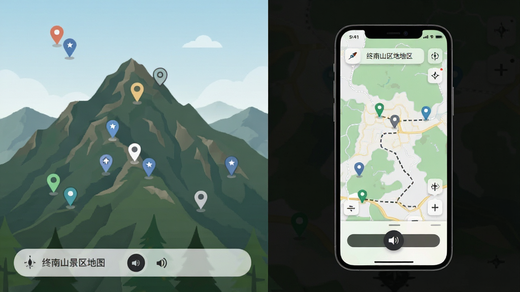 主体为终南山景区地图界面,布局为左侧山体实景右侧手机屏幕,排版为左右对比展示,风格为现代扁平化设计,细节包括地图标注点、语音播放按钮、路线虚线,画质清晰,干净,无多余元素