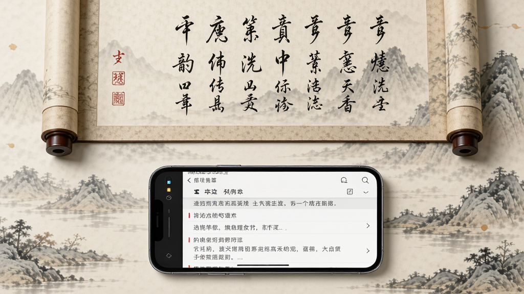 主体为古风书卷与手机并排,布局为上方诗词文字下方手机屏幕,排版为上下结构,风格为古典雅致中国风,细节包括毛笔字迹、山水画背景、手机上的文章列表,画质高清,干净,无多余元素