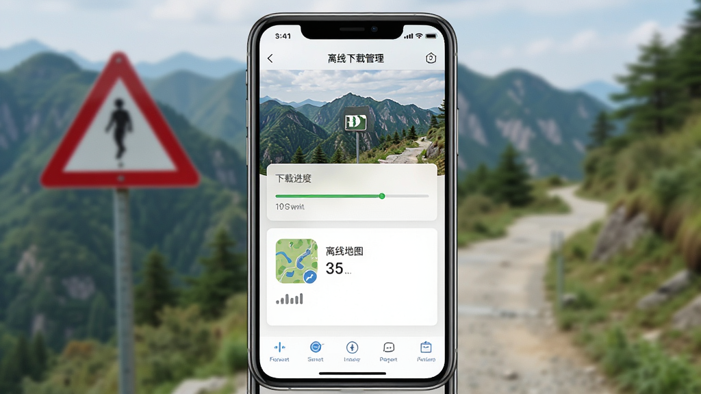 主体为手机屏幕显示终南山APP的离线下载管理页面,布局为手机竖屏居中,背景为山间小路与警示牌,排版为上下结构,风格为实用教程风,细节包括下载进度条、离线地图图标、信号格,画质清晰,干净,无多余元素