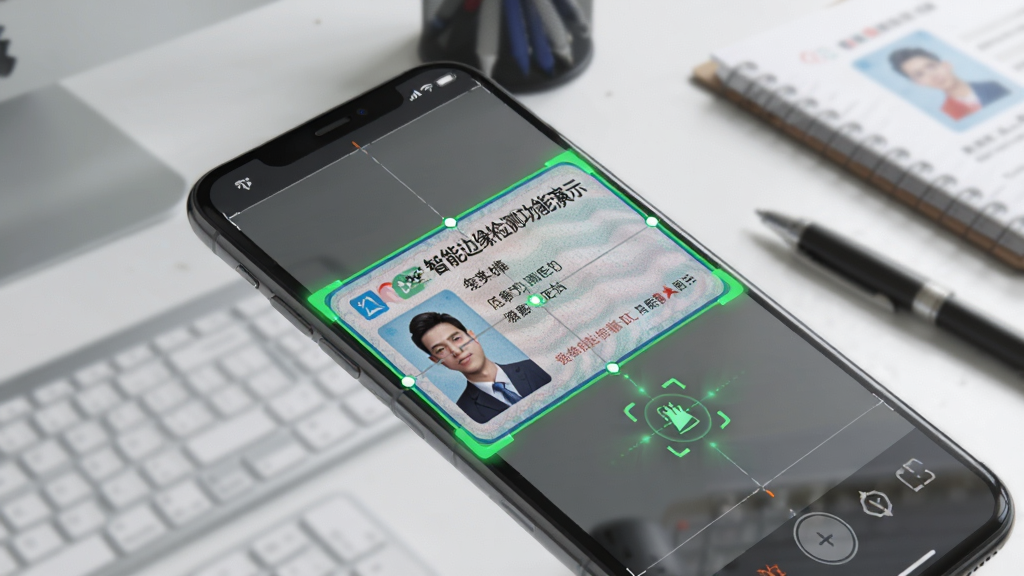 手机扫描仪全能智能边缘检测功能演示图,画面主体是一部手机对准一张倾斜放置的身份证,手机屏幕中显示绿色的智能识别框正贴合证件边缘,周围有虚化的办公文具作为点缀,布局采用斜向构图突出动态感,风格为写实科技风,细节强调屏幕上的裁剪网格线和自动校正动画效果,画质高清,干净,无多余元素