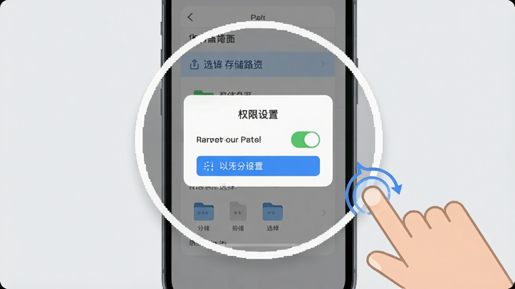 手机扫描仪全能新手操作界面引导图,画面展示手机屏幕中显示权限设置弹窗和存储路径选择菜单,旁边有手指点击的示意动画,背景为浅灰色极简风格,布局采用居中放大展示,风格为清新扁平化,细节包括权限开关的高亮状态和路径文件夹图标,画质清晰,干净,无多余元素