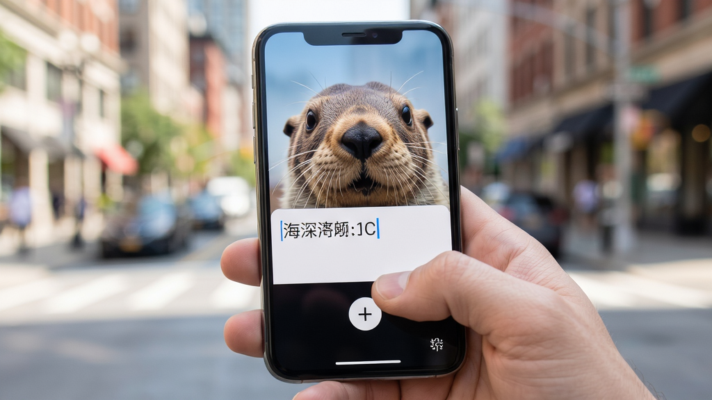 海獭笔记极速记录功能展示图,画面中一只手拿着手机,大拇指正点击屏幕上的加号按钮,屏幕内文字输入框已弹出,背景为虚化的城市街景,风格写实明亮,细节丰富,画质清晰,无多余元素