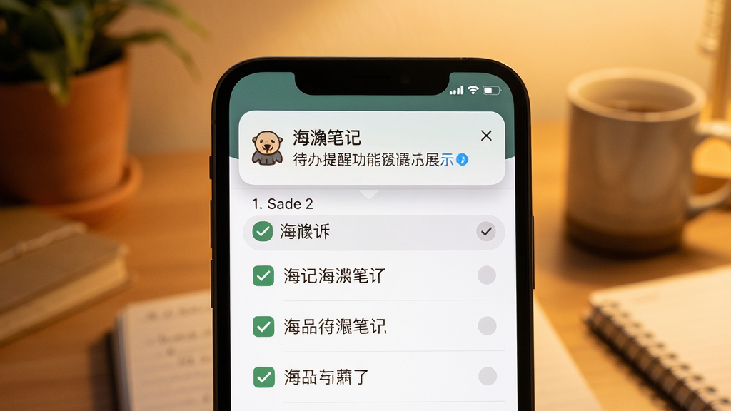 海獭笔记待办提醒功能展示图,画面展示手机屏幕内一条待办事项列表,部分项目已打勾,顶部弹出提醒通知框,背景为温馨的暖色调桌面,风格亲切自然,细节清晰,画质干净,无多余元素