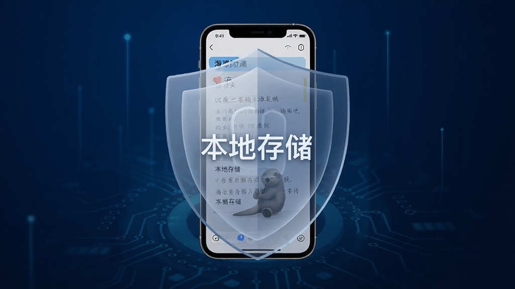 海獭笔记隐私安全功能概念图,画面中央一部手机被半透明的盾牌图标环绕,盾牌上写有“本地存储”字样,手机屏幕显示笔记内容,背景为深蓝色科技感渐变,风格稳重专业,细节丰富,画质清晰,无多余元素