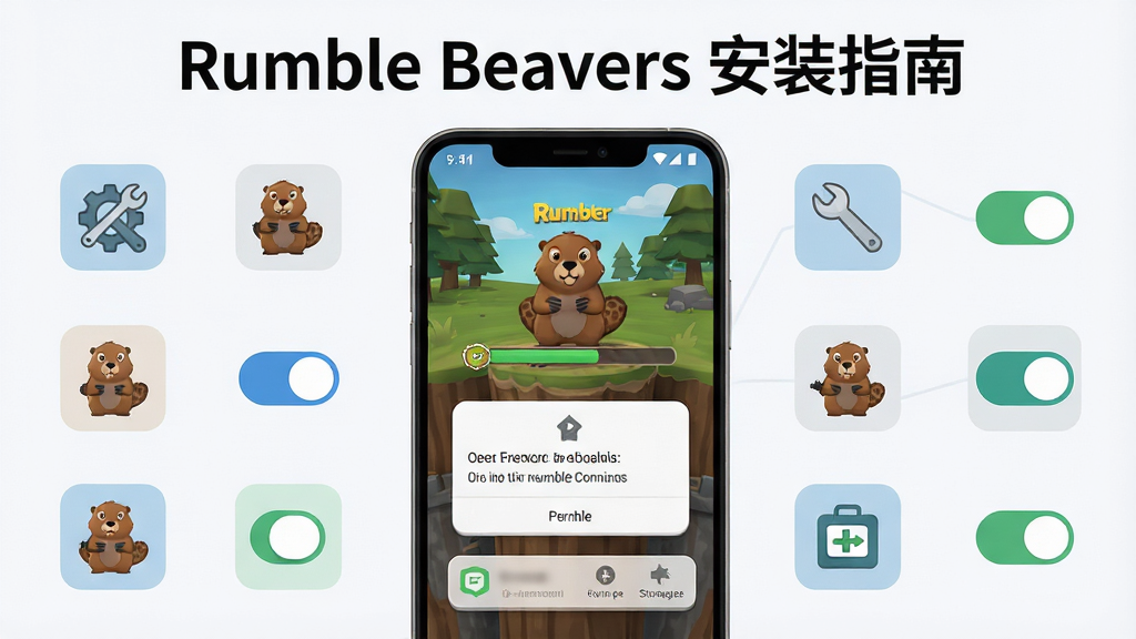 主体是一部安卓手机屏幕显示Rumble Beavers游戏画面,布局为手机居中放置,周围环绕安装步骤图标和权限开关图标,排版采用信息图风格,风格为扁平化科技风格,细节包括手机屏幕上的河狸角色、安装进度条、权限弹窗、存储空间图标,画质高清,干净,无多余元素。画面顶部写有文字
