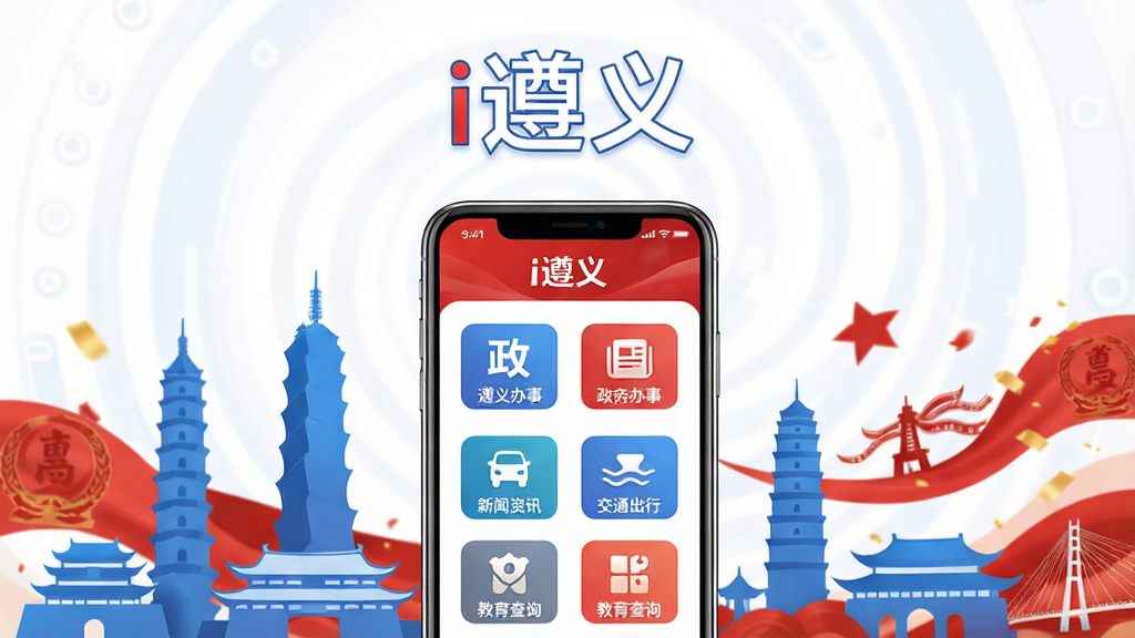 主体为一部智能手机,屏幕中央展示“i遵义”应用主界面,界面包含政务办事、新闻资讯、交通出行、教育查询等服务图标,布局简洁有序;手机周围环绕遵义城市地标建筑剪影和红色文化元素装饰;排版采用居中构图,上方留白放置应用名称“i遵义”;风格为现代扁平化科技风,色彩以红、白、蓝为主调,细节干净利落,无多余杂乱元素;画质高清,整体画面明亮通透,适合作为软件下载站头图展示