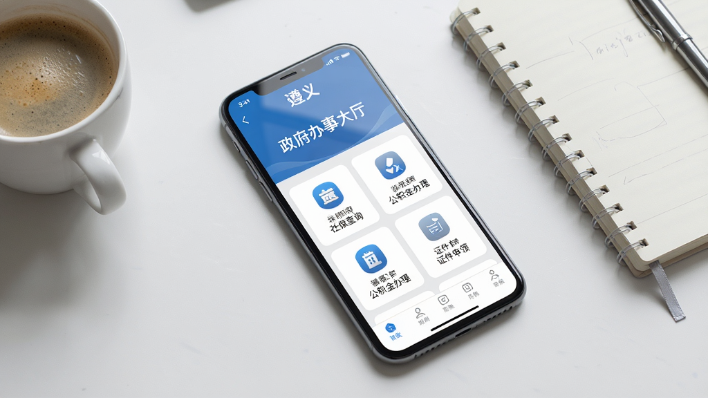 主体为一台打开“i遵义”应用界面的智能手机,屏幕显示政务办事大厅页面,包含社保查询、公积金办理、证件申领等功能入口;手机放置在一张整洁的办公桌面上,旁边摆放着一杯咖啡和一本笔记本;排版采用俯视角度拍摄构图,光线柔和;风格为商务简约风,色调以蓝白灰为主;细节上屏幕反光自然,图标清晰可见;画质高清干净,无多余元素
