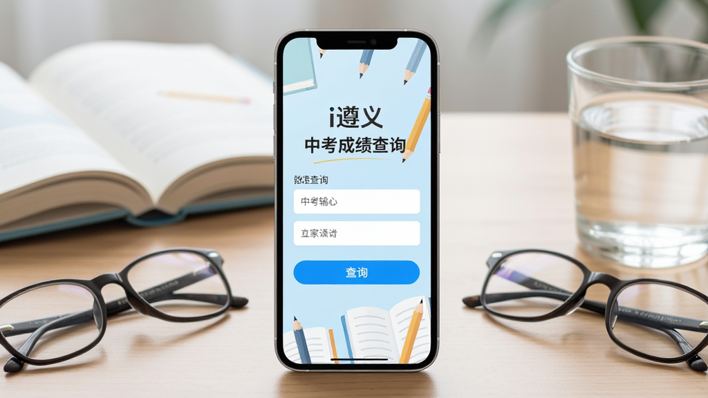 主体为一部竖屏智能手机,屏幕显示“i遵义”中考成绩查询页面,界面包含输入框和查询按钮,背景为柔和的书本和铅笔图案;手机放置在一张木质书桌上,旁边有一副眼镜和一杯水;排版采用正面平视构图,手机居中;风格为清新教育风,色调以浅蓝、白色、木色为主;细节上屏幕内容清晰,按钮醒目;画质高清干净,无多余装饰