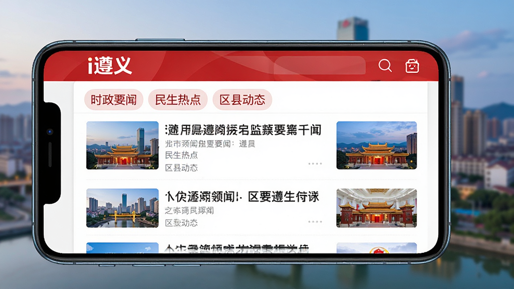 主体为一部横向放置的智能手机,屏幕中展示“i遵义”新闻资讯频道页面,包含时政要闻、民生热点、区县动态等分类标签和新闻标题列表;手机背景为遵义城市天际线虚化画面;排版采用横版构图,手机位于画面中央偏左;风格为现代新闻资讯类UI展示风,色彩以红白为主;细节上文字清晰可辨,排版整洁;画质高清,画面干净无杂乱元素