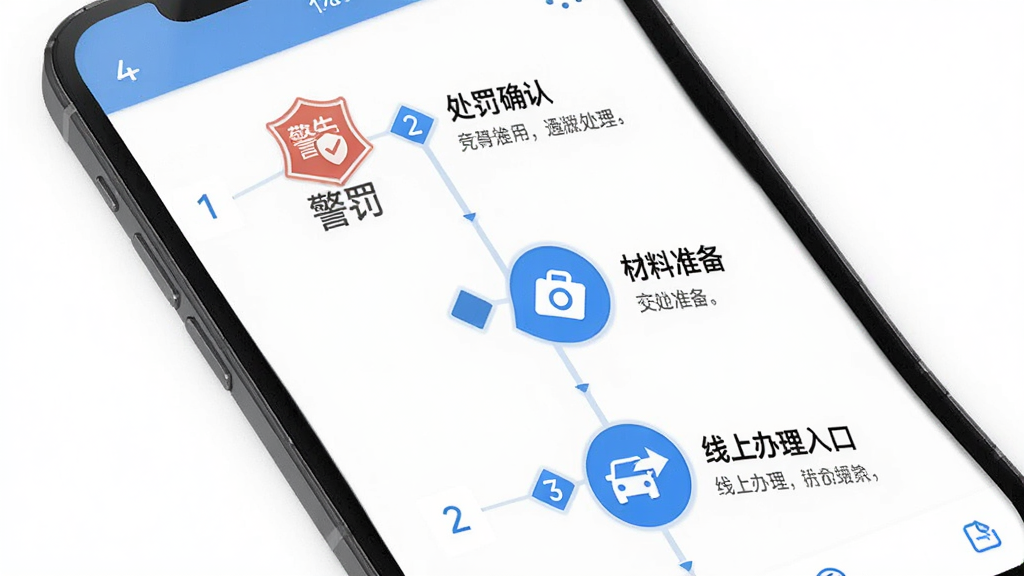 交通警示违章指南软件违章处理流程页面,画面展示手机屏幕内分步骤流程图,包含警告处罚确认、材料准备、线上办理入口等步骤图标,布局为纵向时间轴样式,风格为商务简约风,细节包含蓝色步骤编号与文字说明,画质清晰干净无杂乱元素