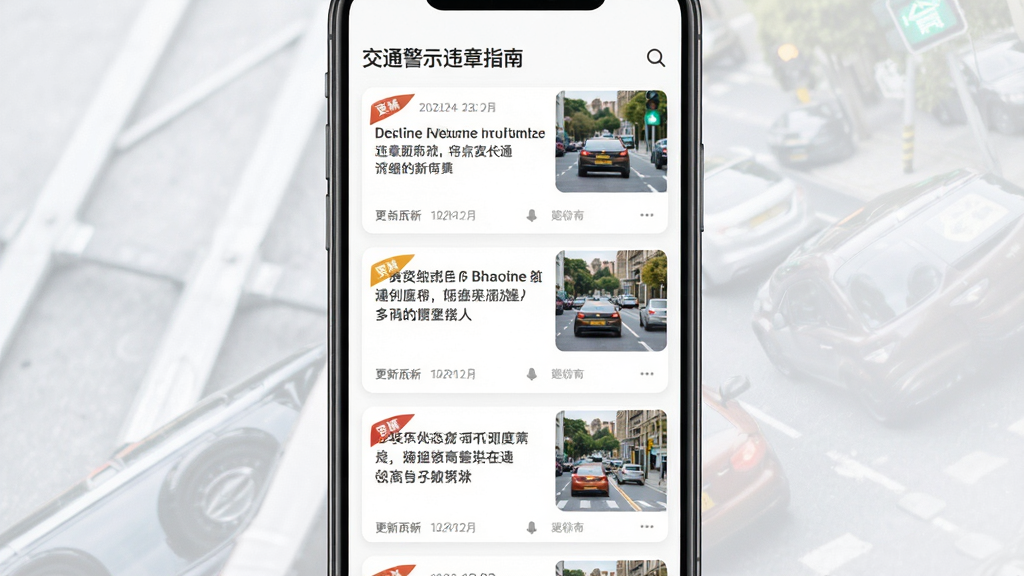 交通警示违章指南软件资讯更新页面,画面中央为手机屏幕显示新闻列表卡片,每张卡片包含标题与缩略图,布局为纵向滚动列表,风格为现代资讯流设计,细节包含更新日期标签与分类角标,画质高清干净无多余装饰
