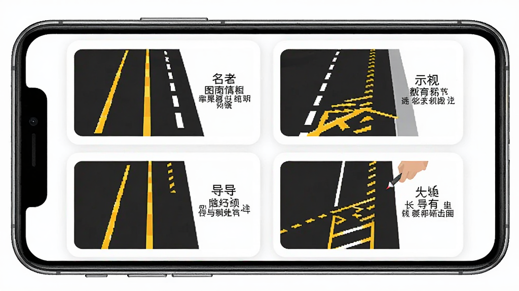交通警示违章指南软件标线图解页面,画面展示手机屏幕内路面标线示意图,包含黄色实线、白色虚线、导流线等标线图示,布局为图文对照双栏排列,风格为教育类图文卡片,细节包含标线名称与说明文字,画质高清清晰干净