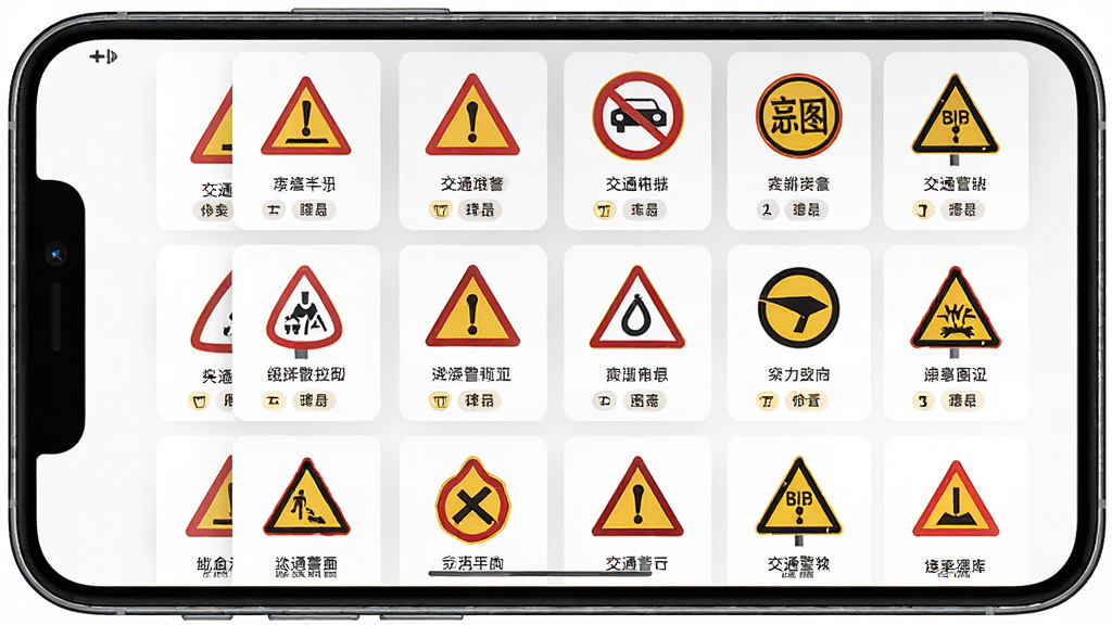 交通警示违章指南软件内交通警告标志图库页面,画面主体为手机屏幕显示多种交通警告标志图片网格,包含三角形警告标志、圆形禁令标志等,布局为三列网格排列,风格为清新卡片式设计,细节包含标志下方文字说明与分类标签,画质高清干净整洁