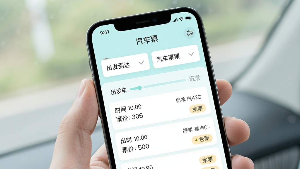 主体为手机屏幕展示班次查询结果页面,布局为上下结构,上方为出发到达城市选择框,下方为按时间排序的班次列表,风格为清新浅色系移动端界面,细节包括出发时间、票价数字、余票标签,画质高清干净,图片中文字标注“汽车票”