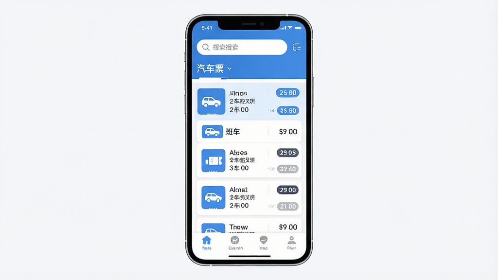 主体为一部智能手机,屏幕中央展示汽车票应用首页界面,布局为顶部搜索栏、中部班次列表、底部导航菜单,排版简洁清晰,风格为现代扁平化UI设计,细节包括蓝色主色调、票务图标、时间标签,画质高清干净无多余元素,图片中文字标注“汽车票”